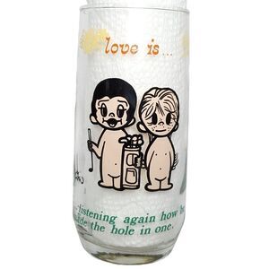 Vtg Love Is Cartoon Couple Novelty Funny Golfer Golfing Glass Tumbler Man Woman